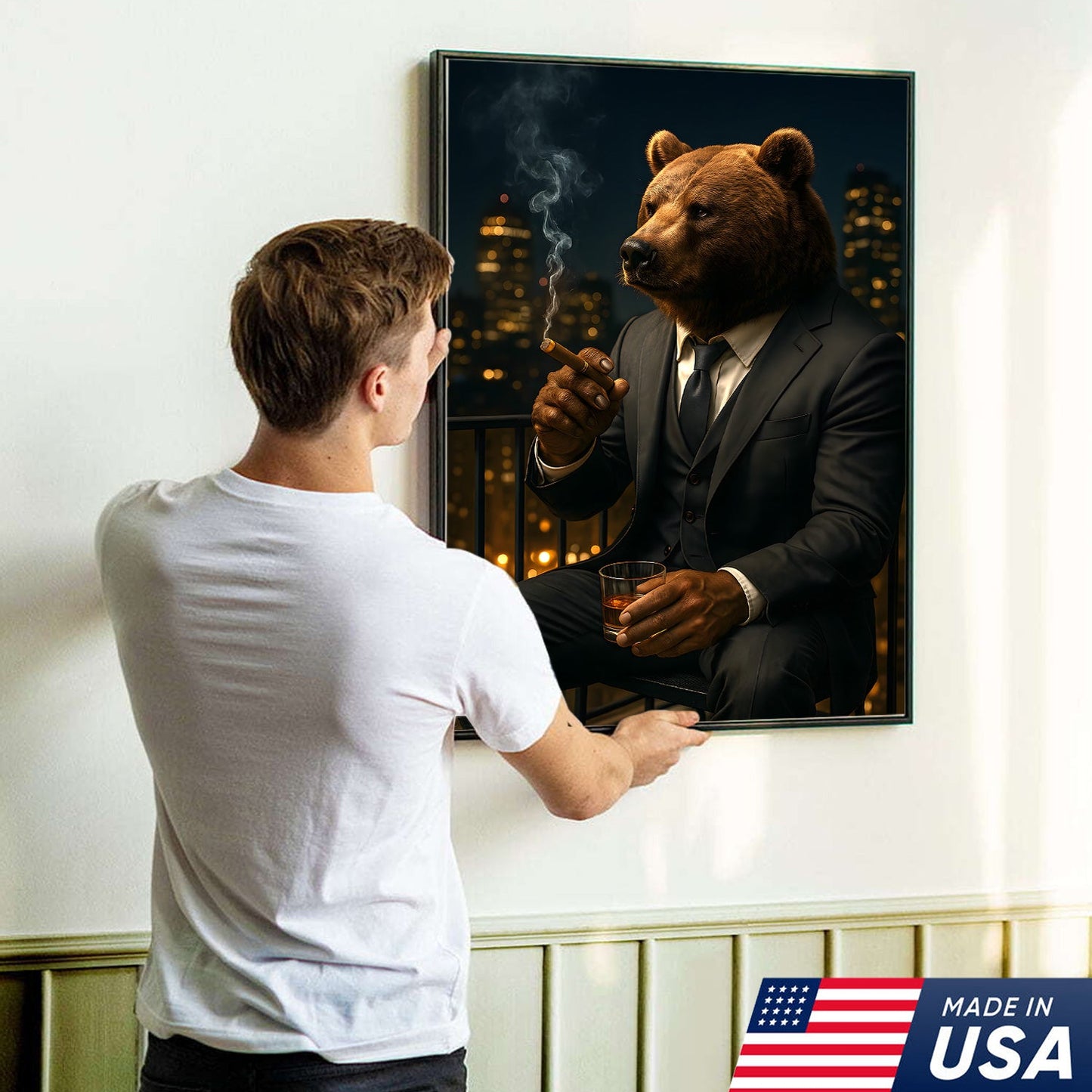 Boss Bear Wall Art – Suited Animal Smoking Canvas, Whiskey Lounge Decor, Alpha Man Gift
