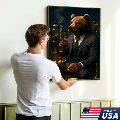 Boss Bear Wall Art – Suited Animal Smoking Canvas, Whiskey Lounge Decor, Alpha Man Gift