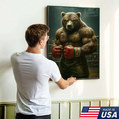 Boxer Bear Canvas Wall Art, Fierce Animal Fighter Artwork, Powerful Strength Decor for Men