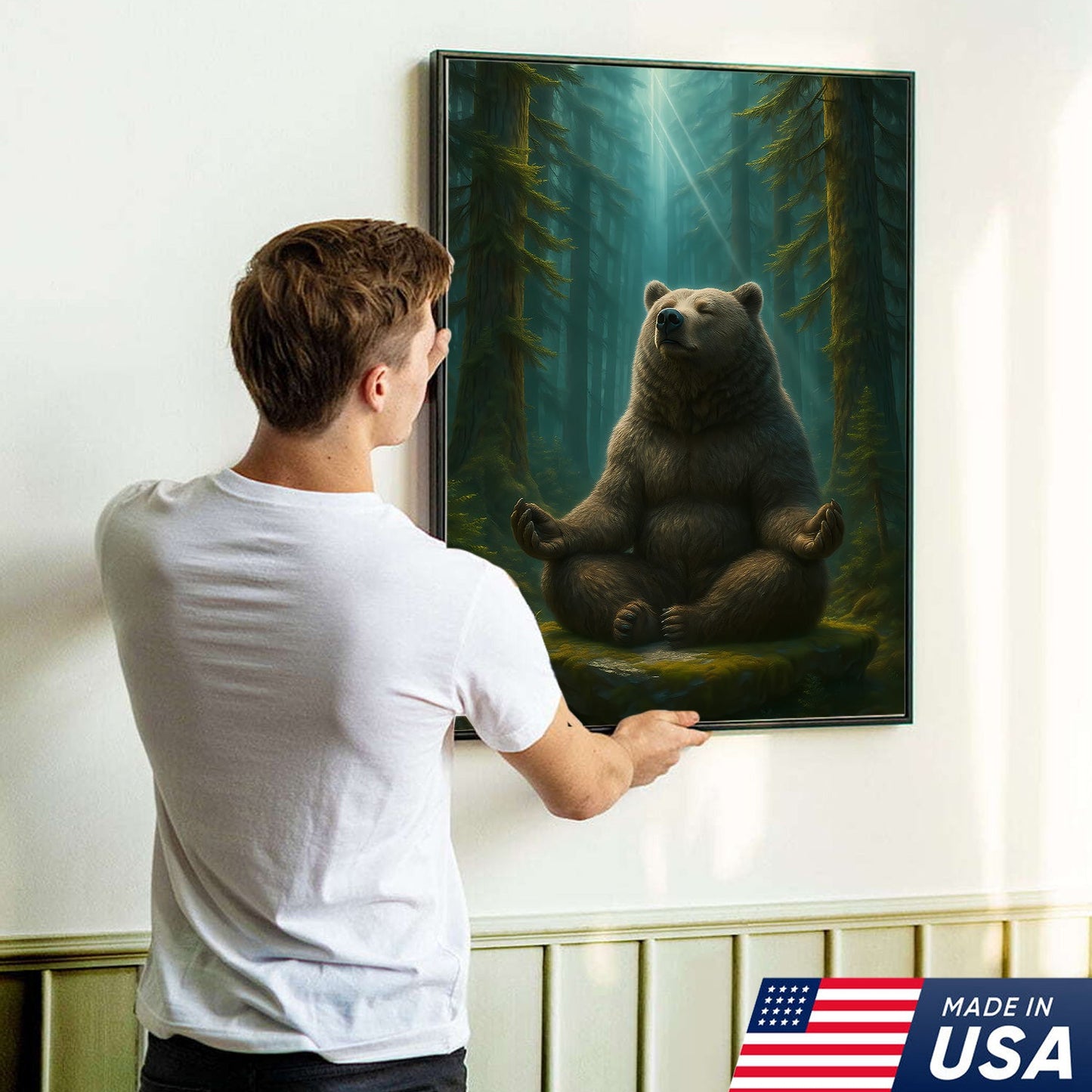 Zen Bear Wall Art – Meditating Bear Canvas for Cabin, Nature Lovers & Rustic Home Decor