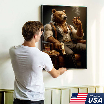 Boss Bear Canvas Wall Art, Stylish Anthropomorphic Animal Portrait, Masculine Power Lounge Decor