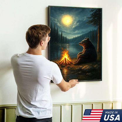 Bear Campfire Night Wall Art Canvas, Cozy Camping Bear by Lake