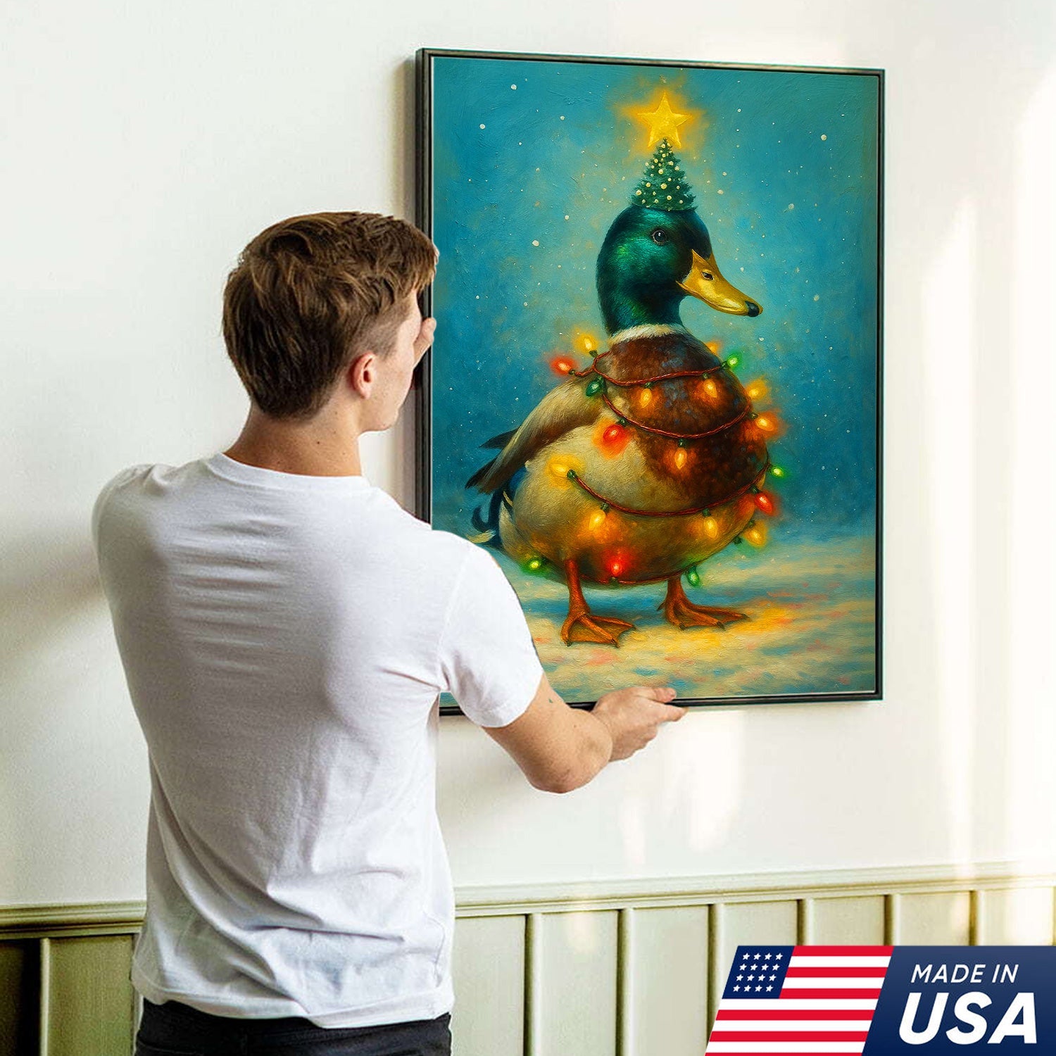 Funny Mallard Duck Christmas Canvas Wall Art – Festive Holiday Decor – Rustic Lodge Gift Idea