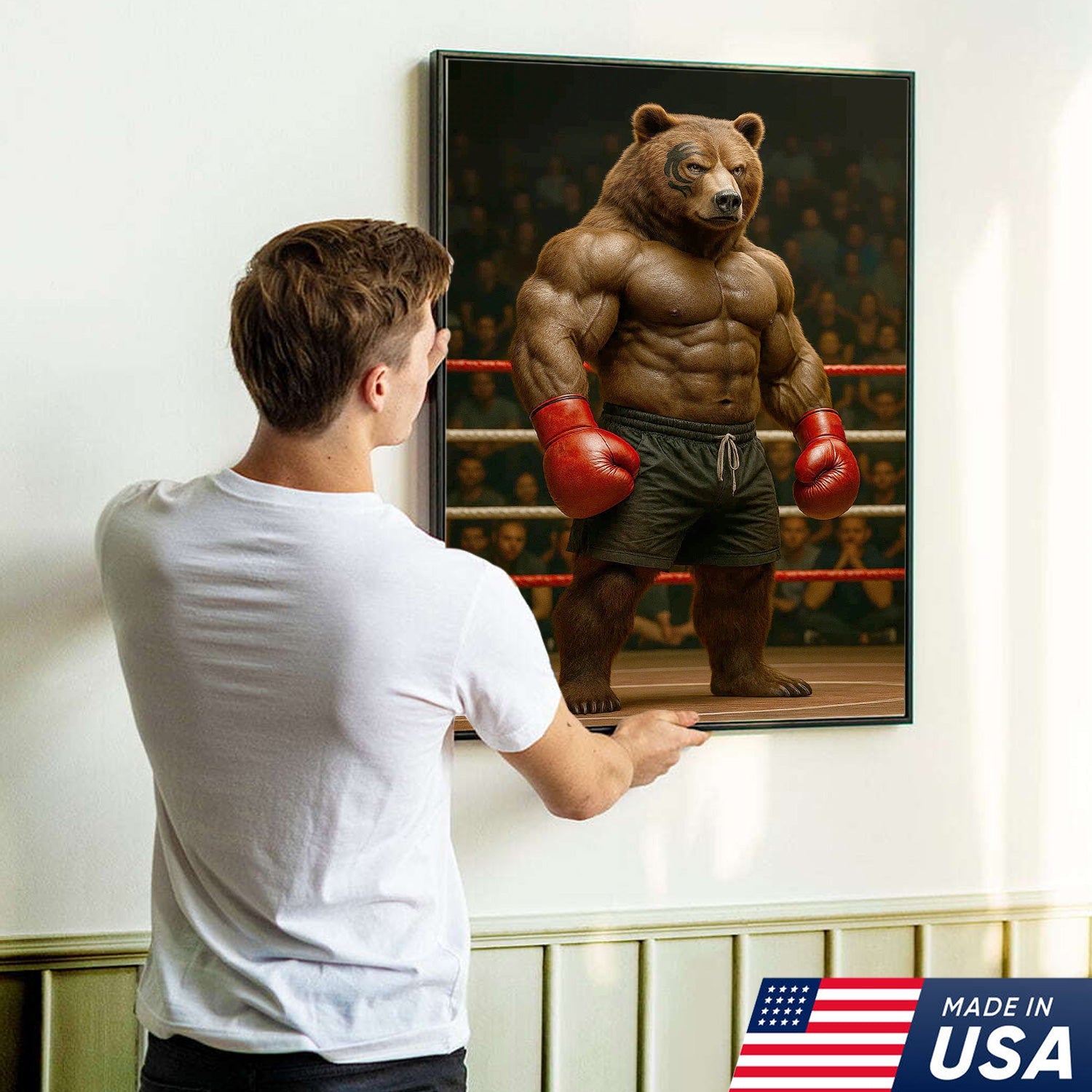 Boxing Bear Canvas Wall Art, Muscular Fighter in Red Gloves, Gym & Man Cave Decor