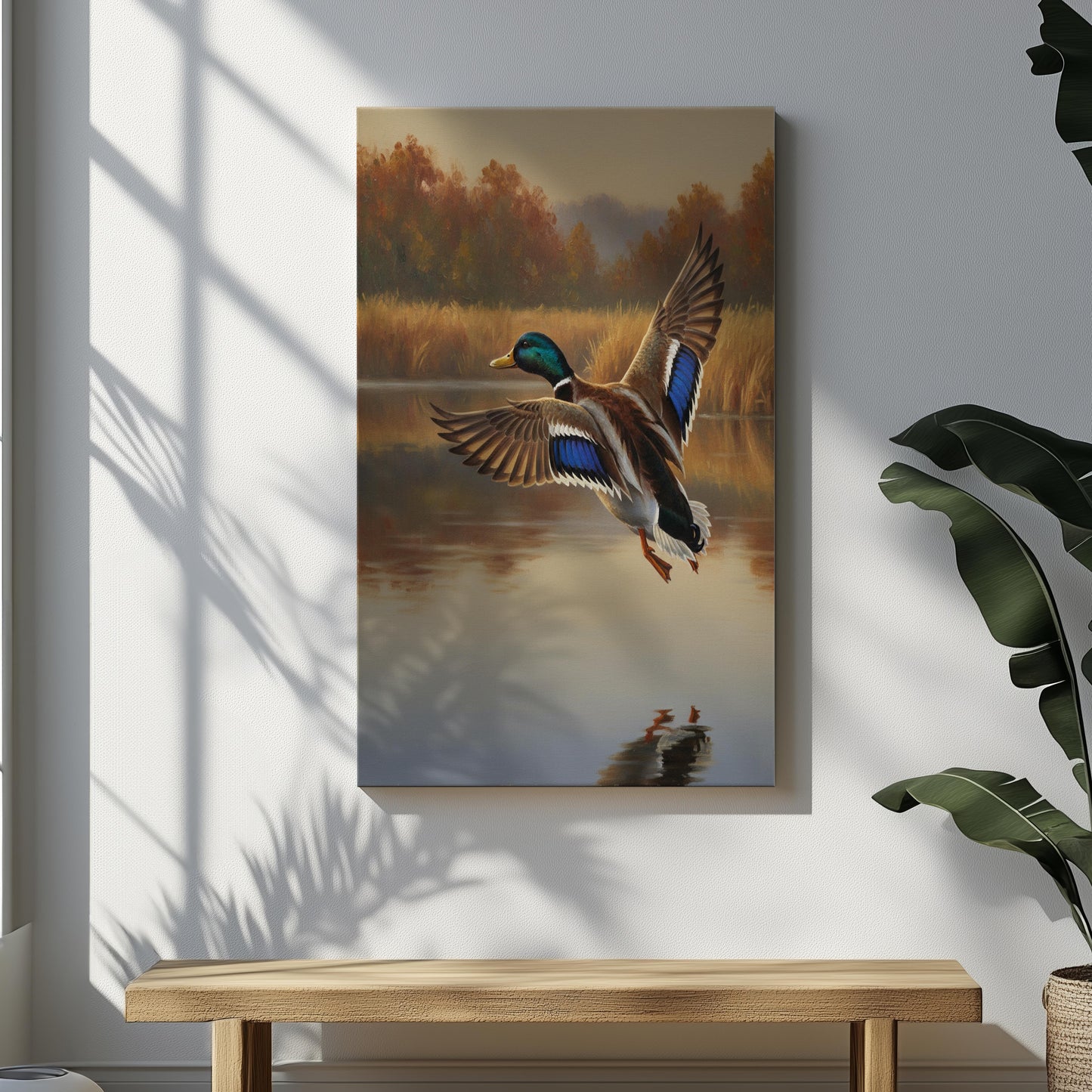 Duck Hunting Wall Art Canvas – Mallard Duck in Flight Over Lake, Perfect Hunting Cabin Decor for Men