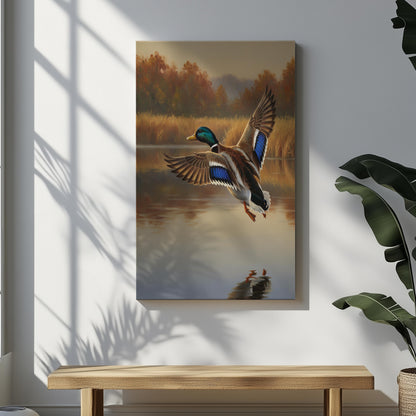 Duck Hunting Wall Art Canvas – Mallard Duck in Flight Over Lake, Perfect Hunting Cabin Decor for Men