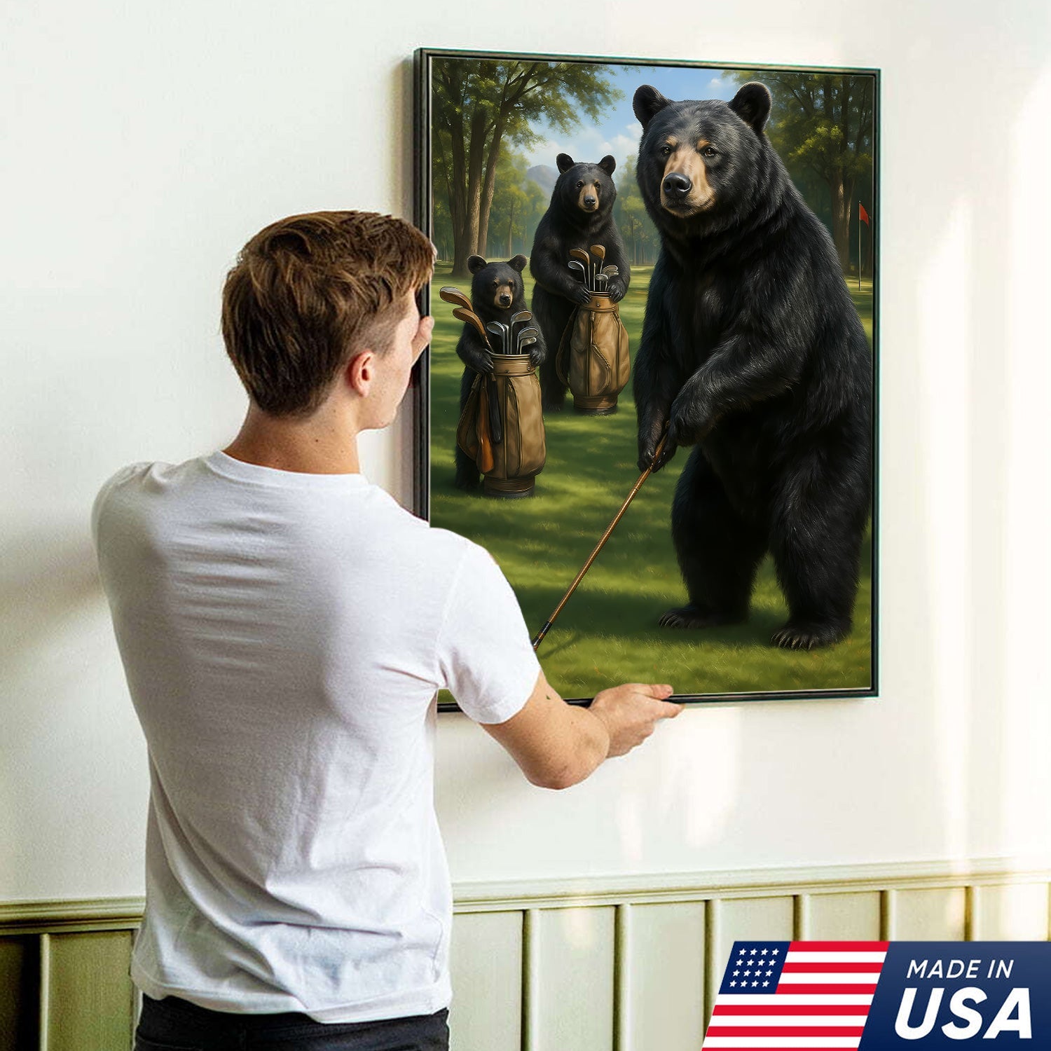 Funny Bear Golf Canvas – Rustic Cabin Wall Art Gift for Hunters, Golf Lovers & Man Caves