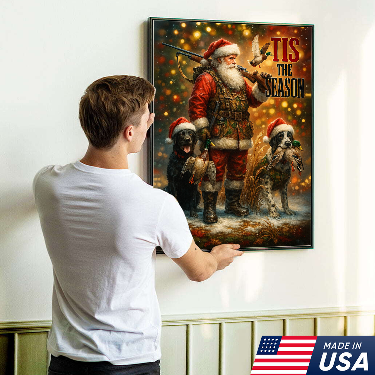 Rustic Christmas Hunting Canvas Art - Santa with Hunting Dogs and Ducks Holiday Wall Decor