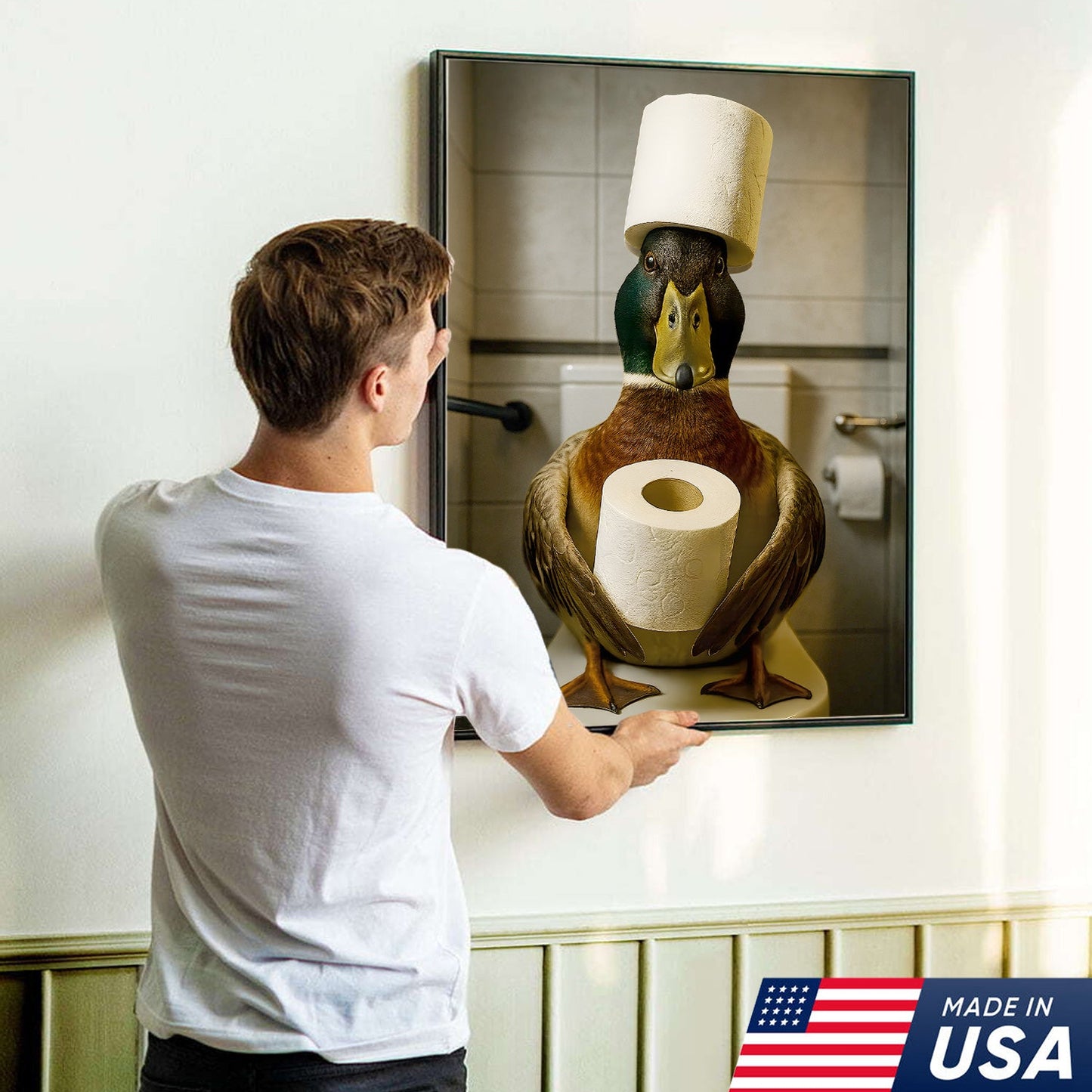 Funny Duck Bathroom Canvas Wall Art – Rustic Toilet Canvas for Cabin, Lodge & Man Cave Decor