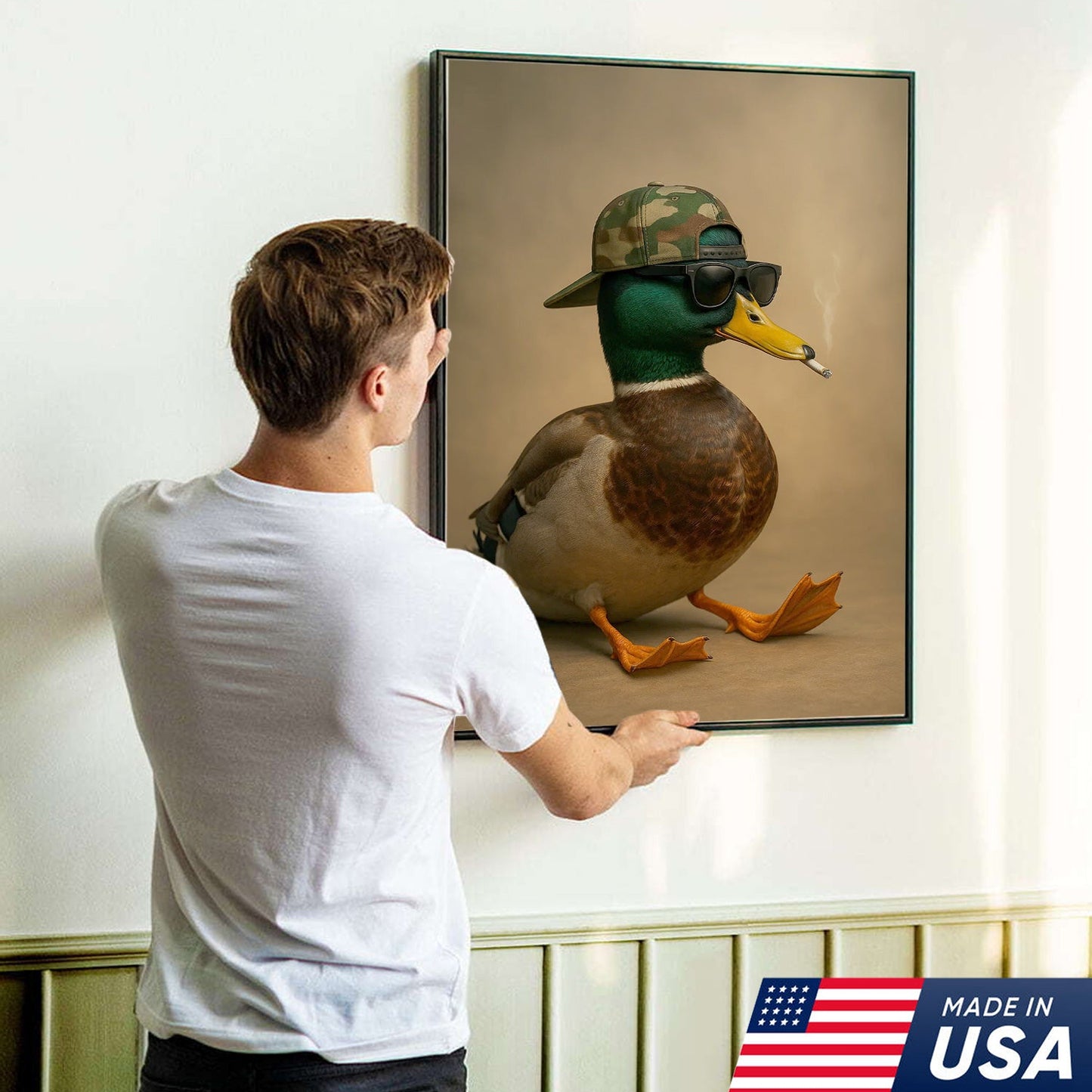 Cool Mallard Duck with Camo Hat Wall Art – Funny Hunting Canvas Print