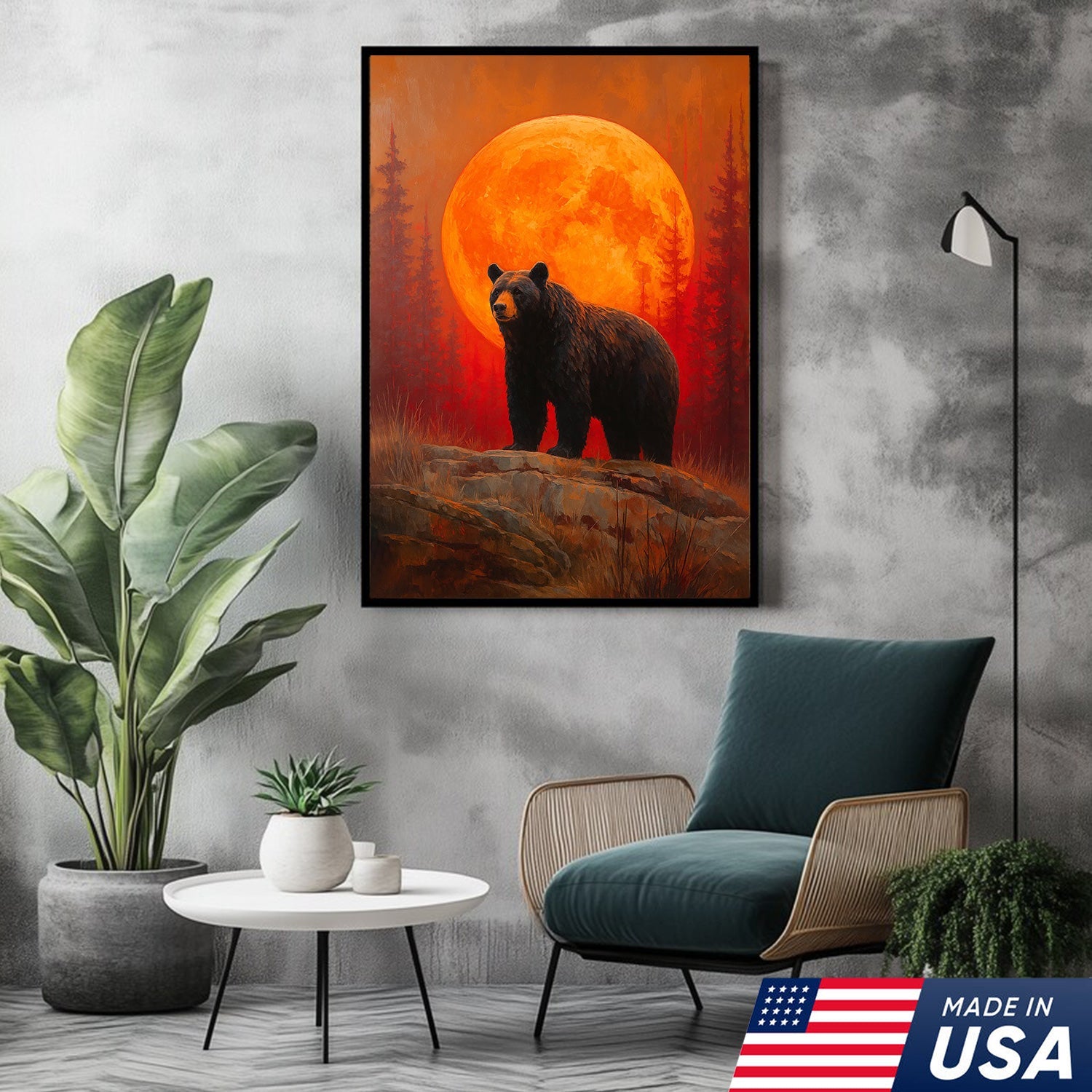 Bear Canvas Wall Art – Majestic Black Bear with Fiery Orange Full Moon