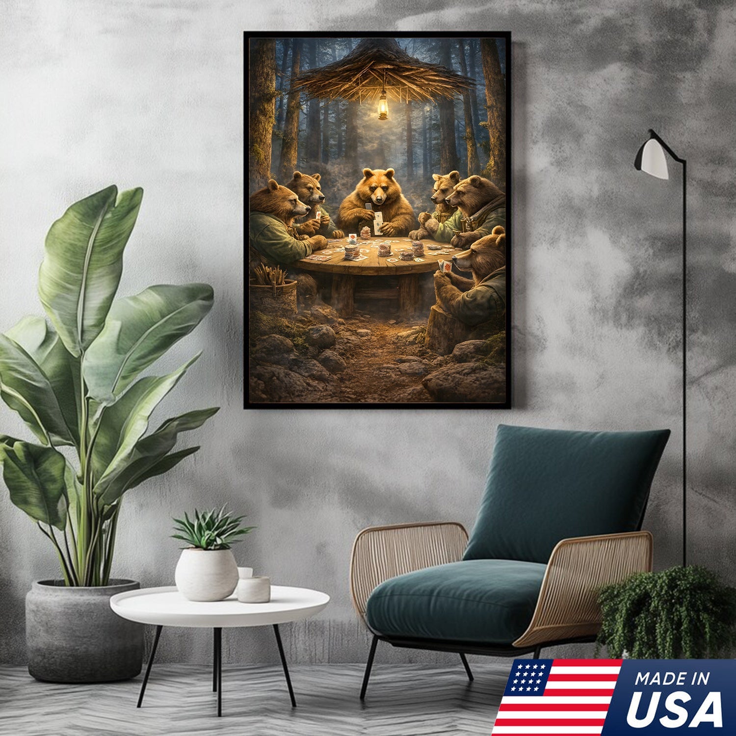 Funny Bear Poker Night Wall Art Canvas – Rustic Forest Animal Card Game Canvas Decor