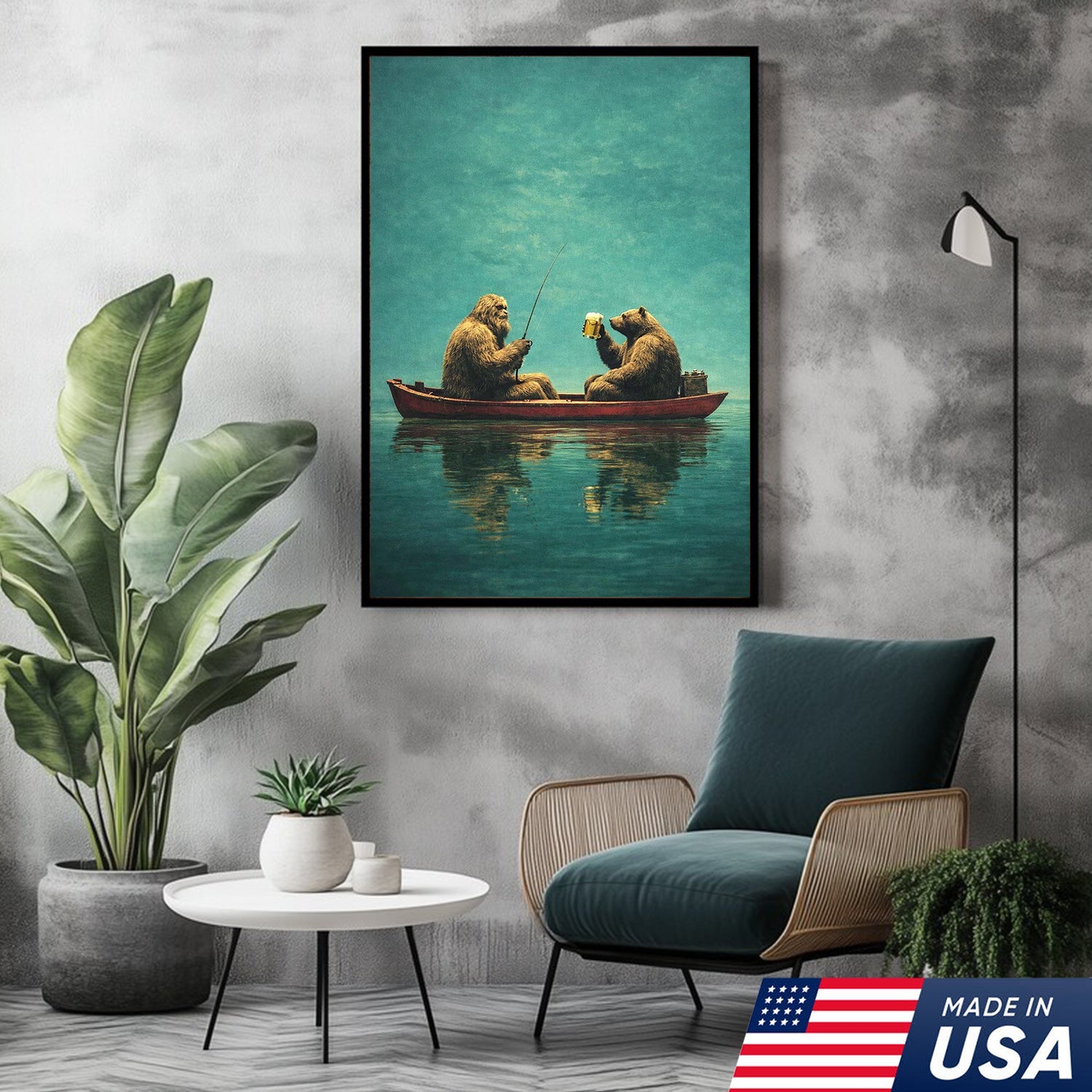 Whimsical Bear Fishing Canvas Wall Art, Surreal Animal Friendship Painting