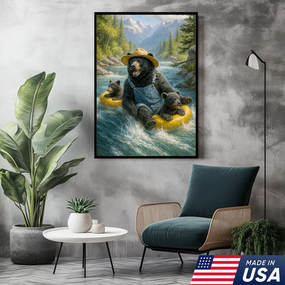 Bear River Adventure Canvas Wall Art – Cute Bear Family Wall Decor for Cabin & Nature Lovers
