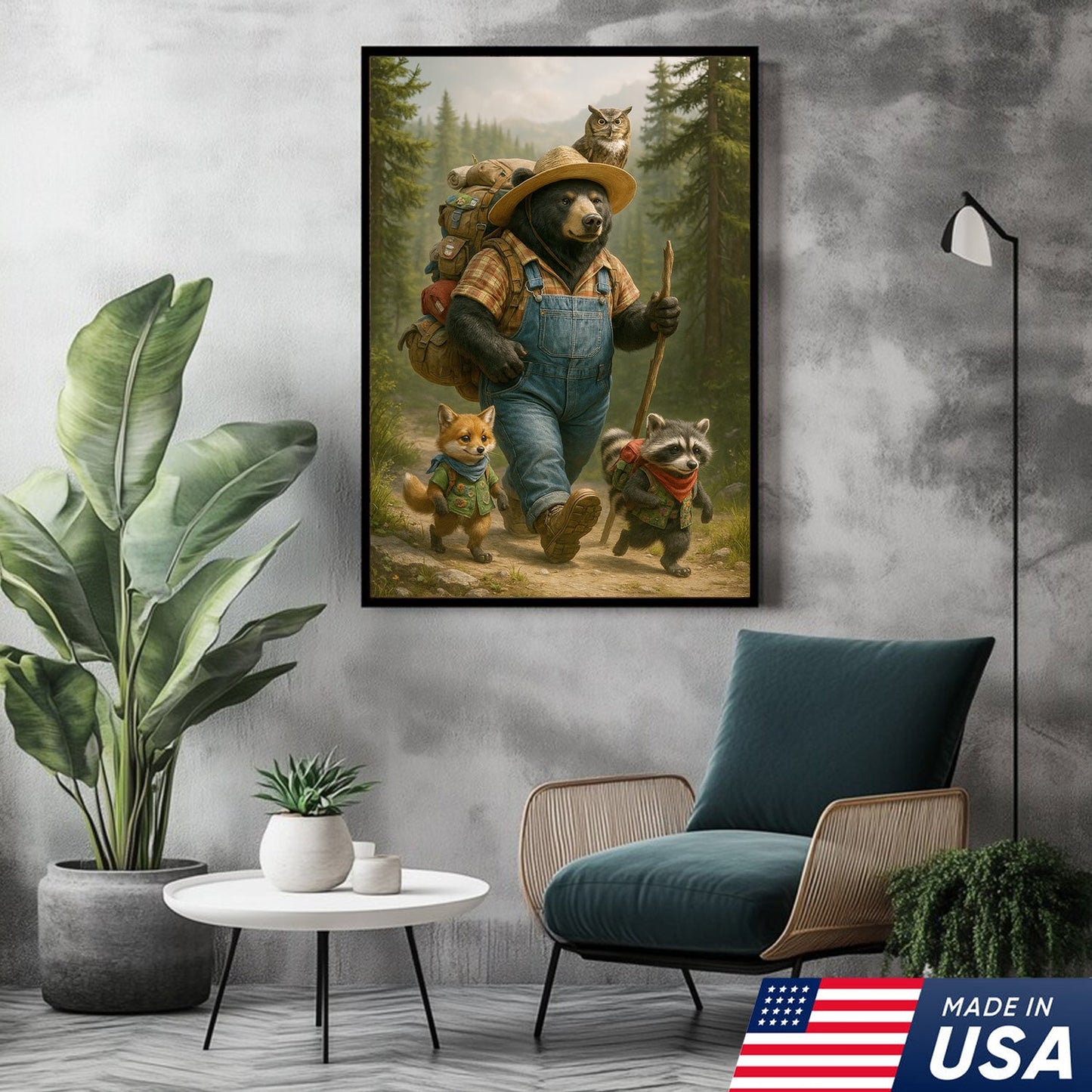 Bear Hiking Adventure Canvas Art – Cute Woodland Animal Wall Decor for Cabin & Home