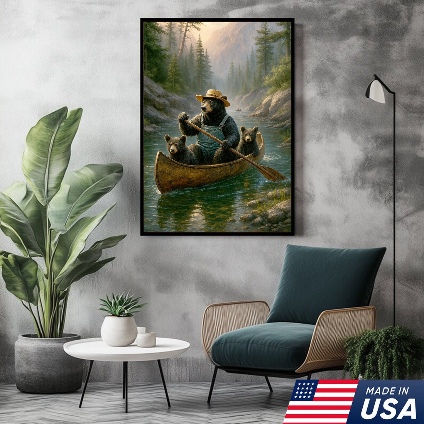 Bear Family Canoe Adventure Canvas Wall Art – Rustic Wildlife Wall Decor for Cabin & Home