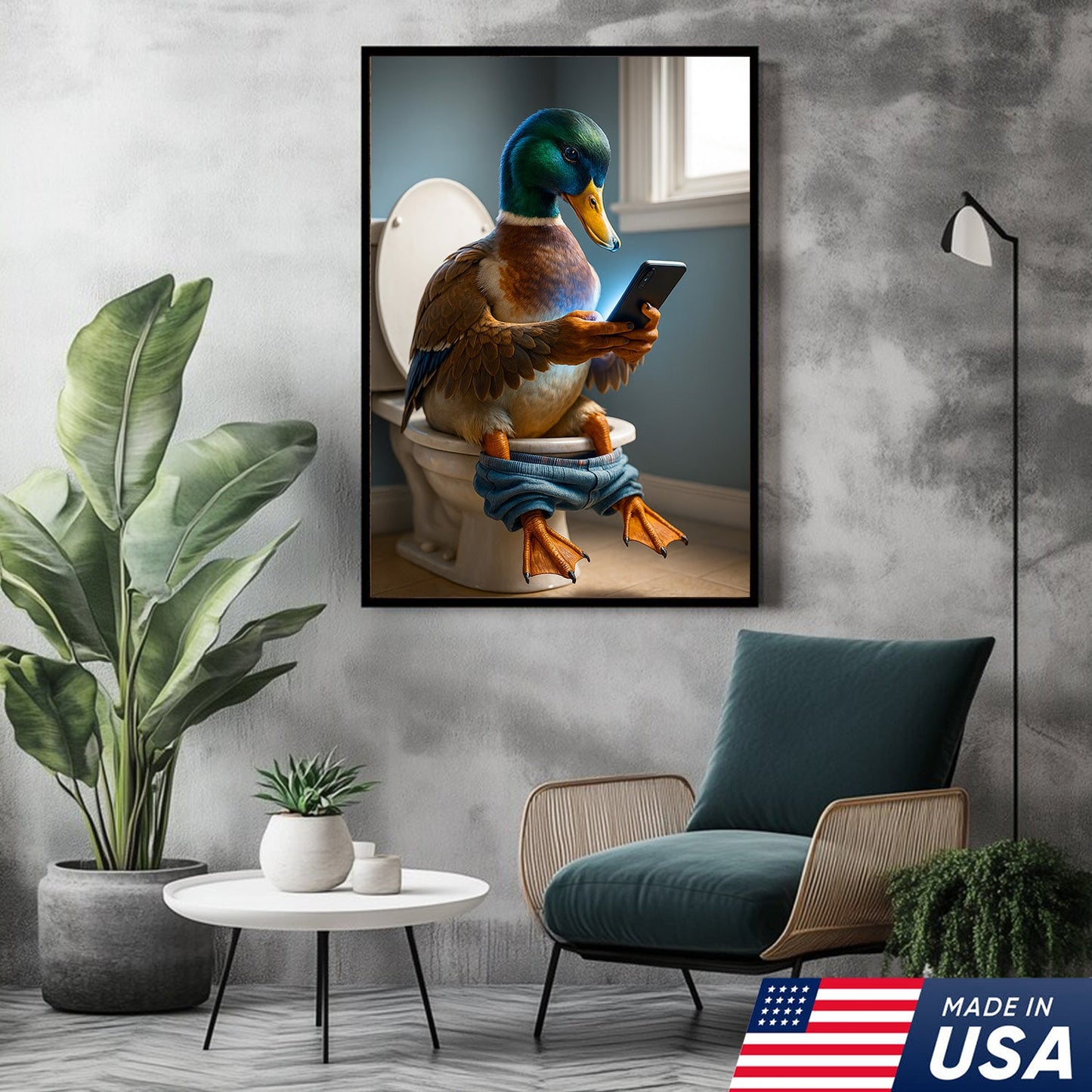 Funny Duck on Toilet Canvas Wall Art – Hilarious Gift for Men, Husband or Bathroom Decor