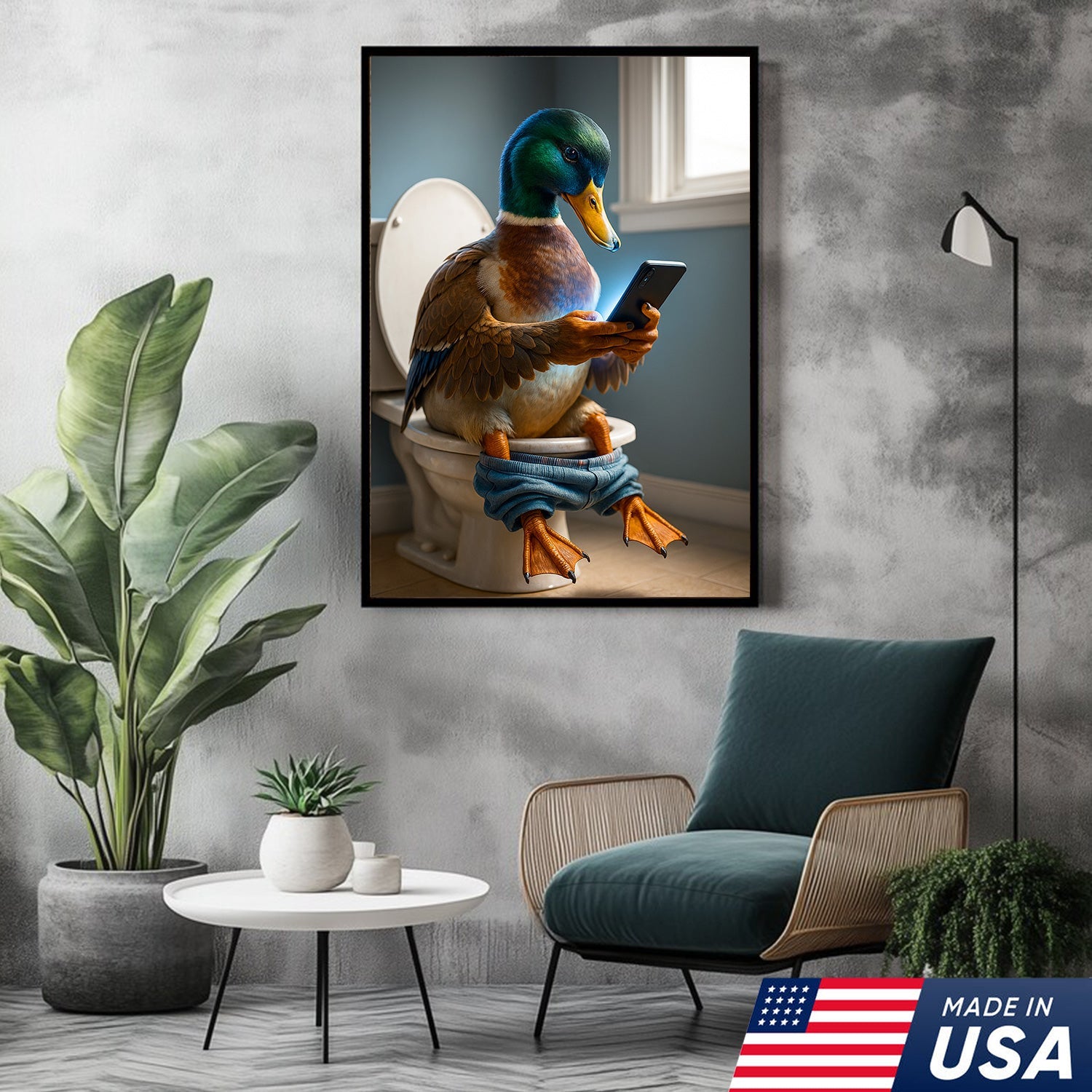 Funny Duck on Toilet Canvas Wall Art – Hilarious Gift for Men, Husband or Bathroom Decor