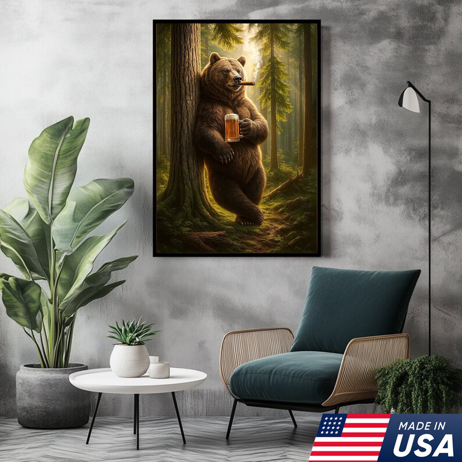 Rustic Bear in Forest Canvas Wall Art, Woodland Animal Decor, Nature Landscape Home Decoration
