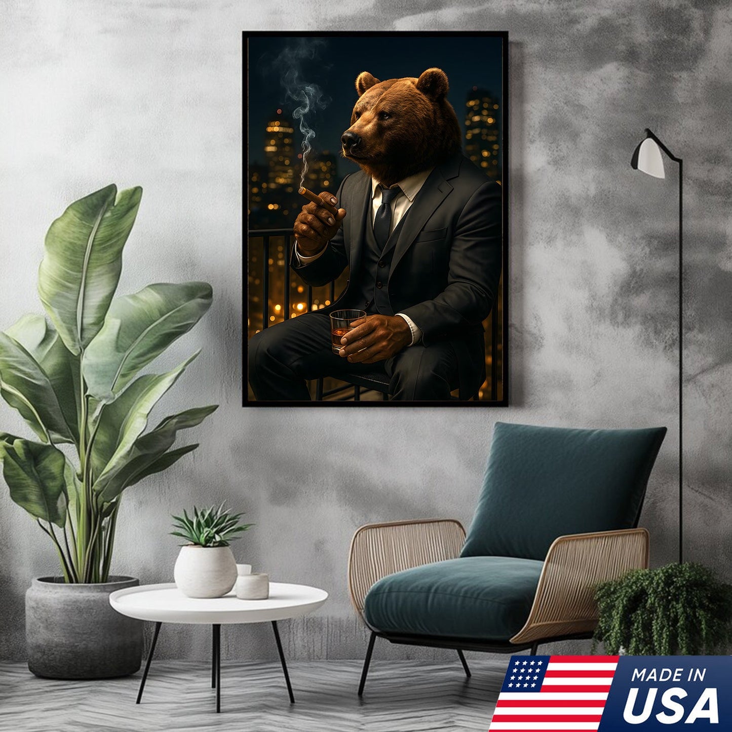 Boss Bear Wall Art – Suited Animal Smoking Canvas, Whiskey Lounge Decor, Alpha Man Gift