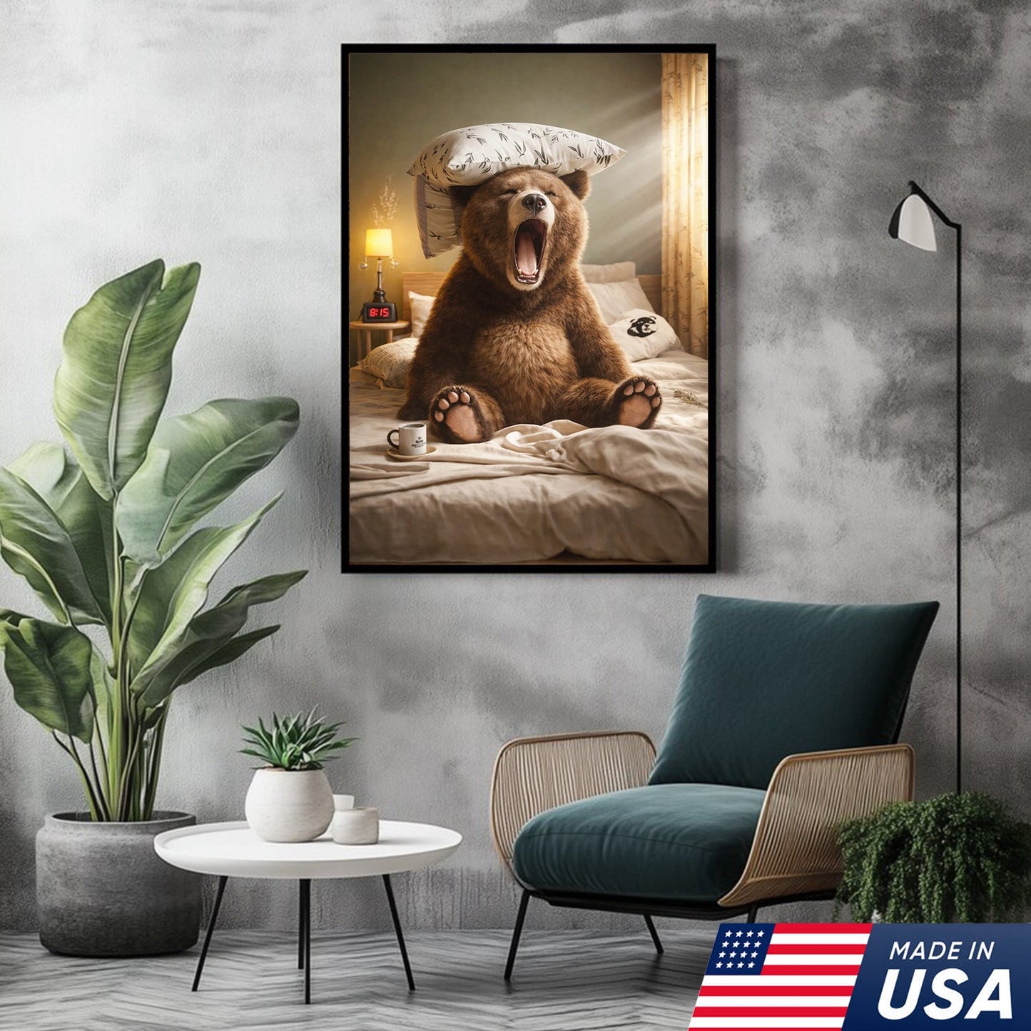 Funny Sleepy Bear Canvas Wall Art, Yawning Bear in Bed with Pillow, Cozy Bedroom Animal Art
