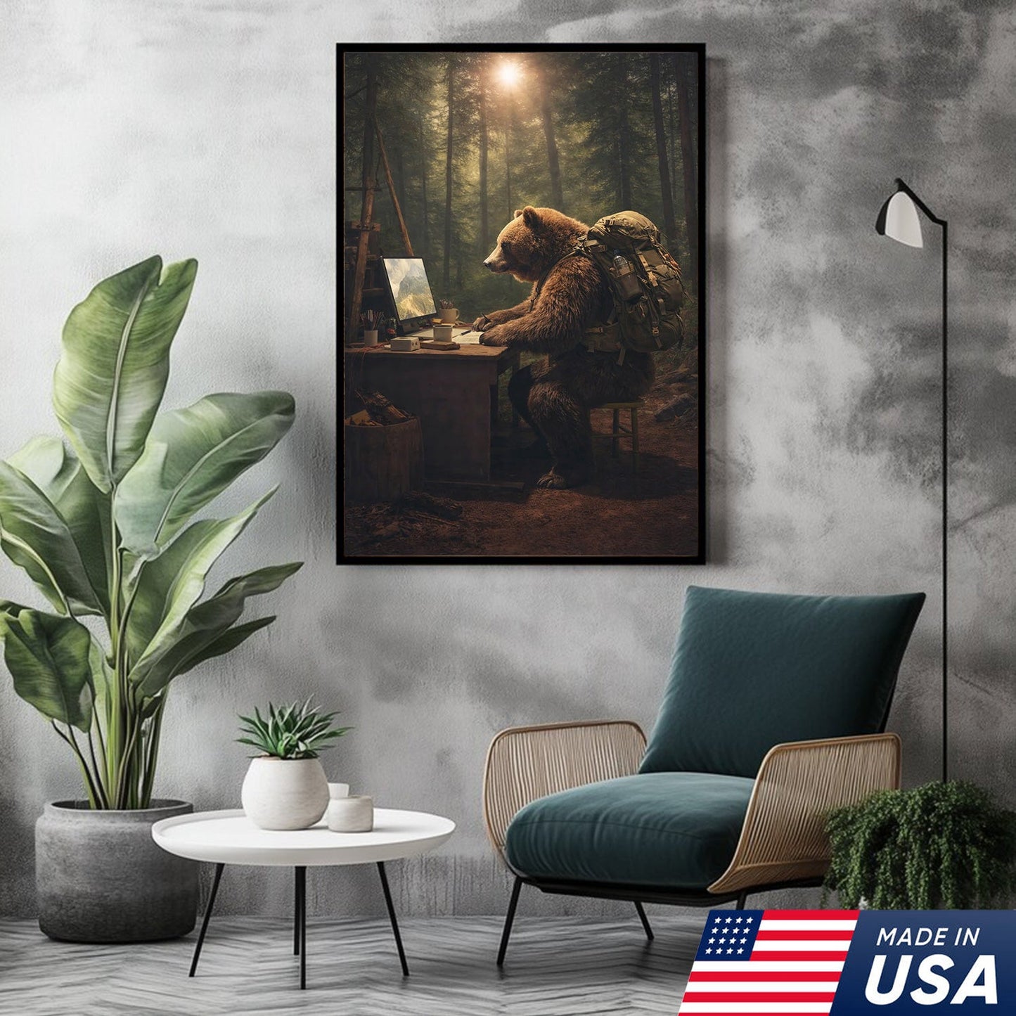 Bear Remote Work Canvas Wall Art, Whimsical Forest Office Animal Illustration