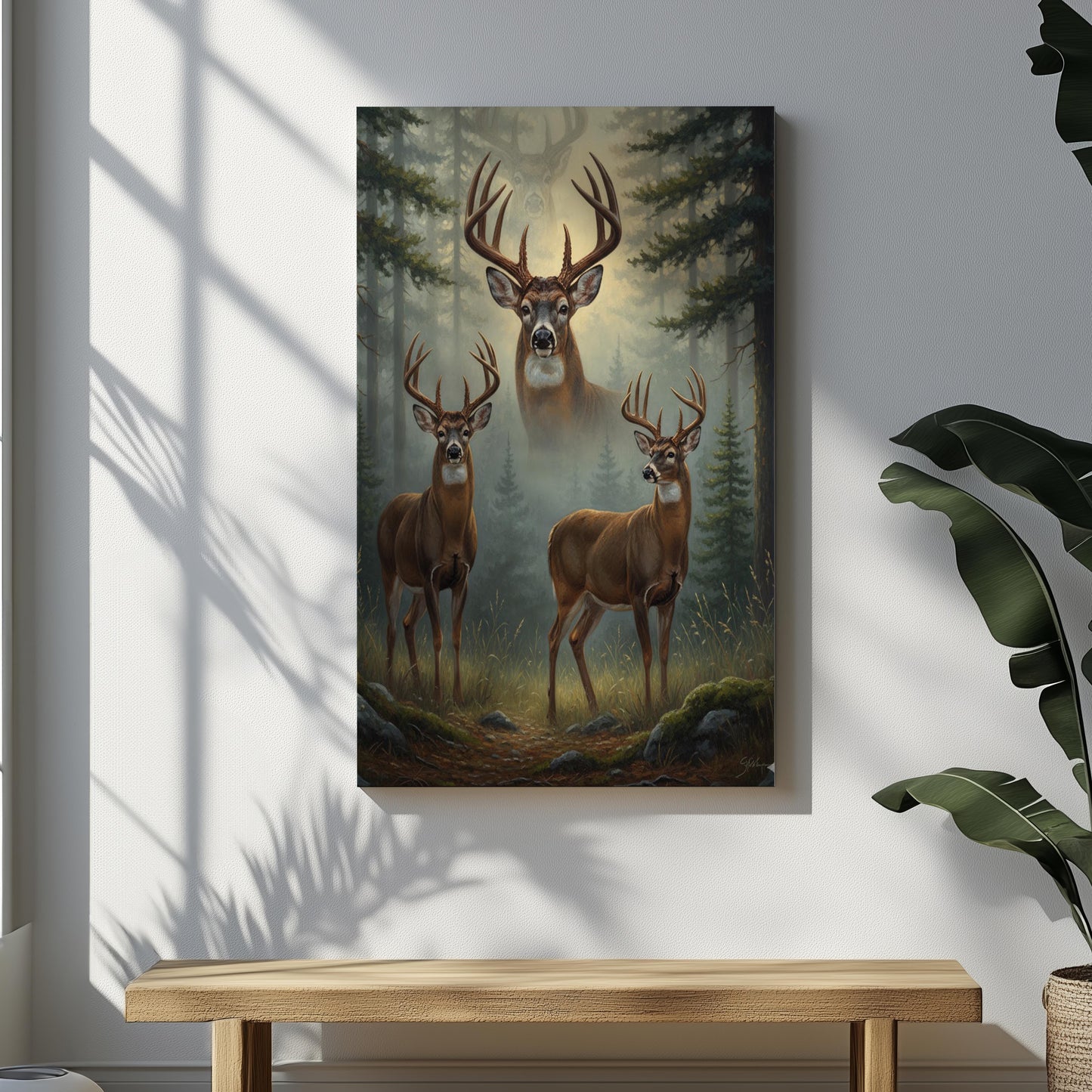 Deer Hunting Wall Art Canvas – Whitetail Bucks in Forest Print, Perfect Hunter Cabin Decor & Gift for Men
