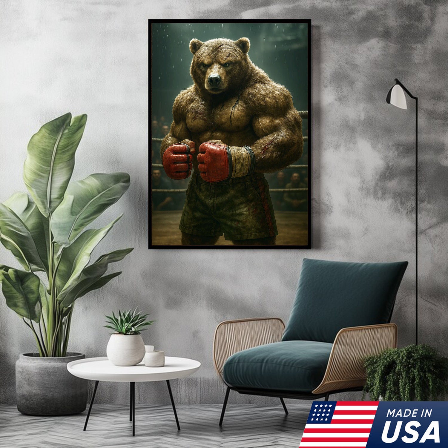 Boxer Bear Canvas Wall Art, Fierce Animal Fighter Artwork, Powerful Strength Decor for Men