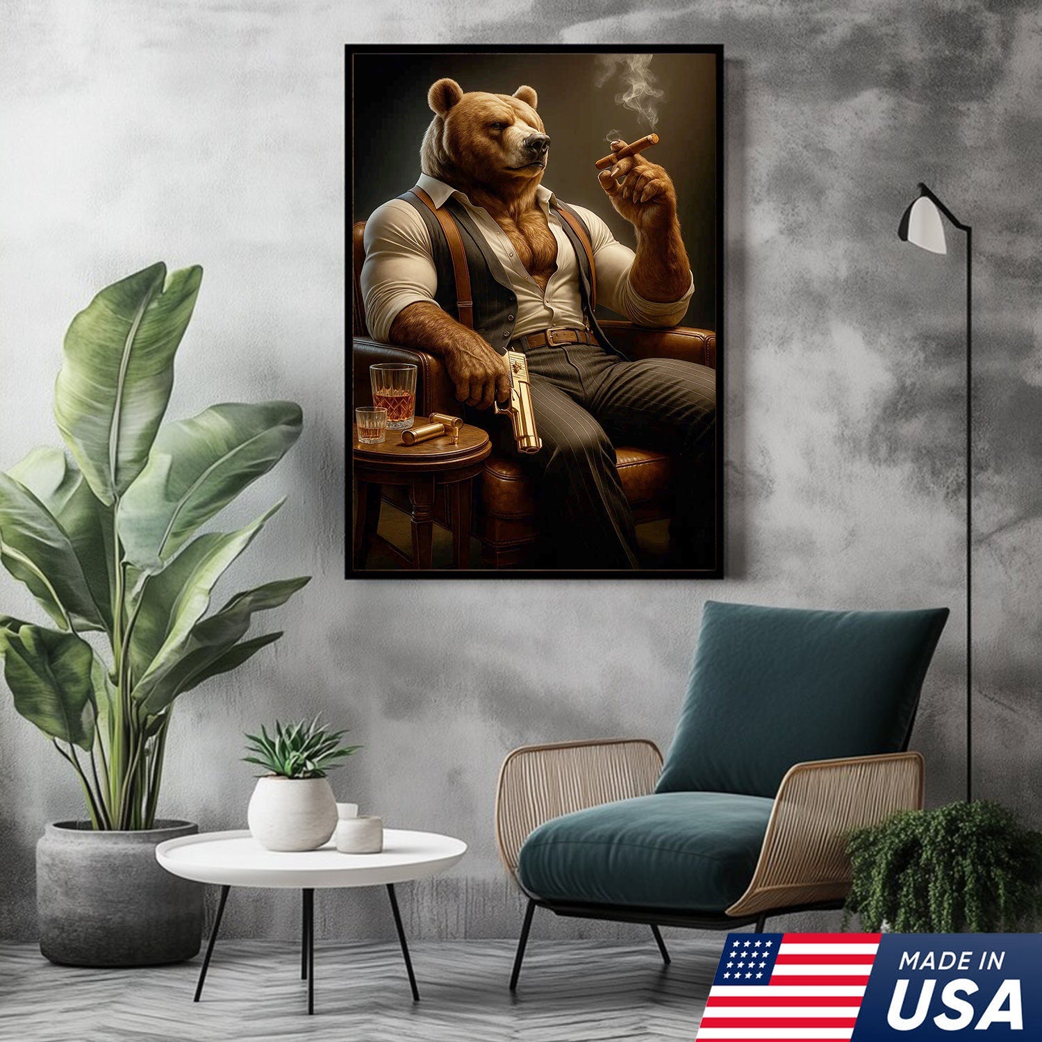 Boss Bear Canvas Wall Art, Stylish Anthropomorphic Animal Portrait, Masculine Power Lounge Decor