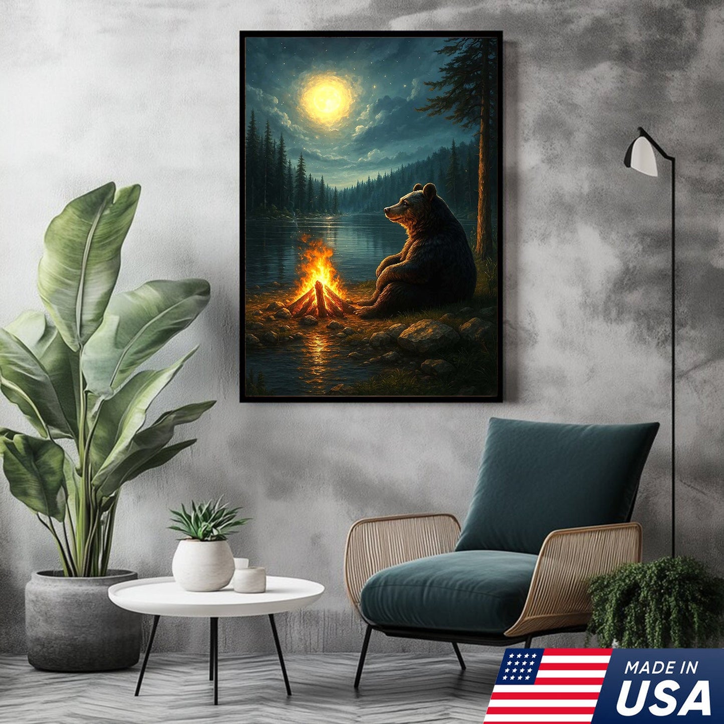 Bear Campfire Night Wall Art Canvas, Cozy Camping Bear by Lake