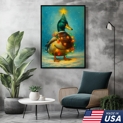 Funny Mallard Duck Christmas Canvas Wall Art – Festive Holiday Decor – Rustic Lodge Gift Idea