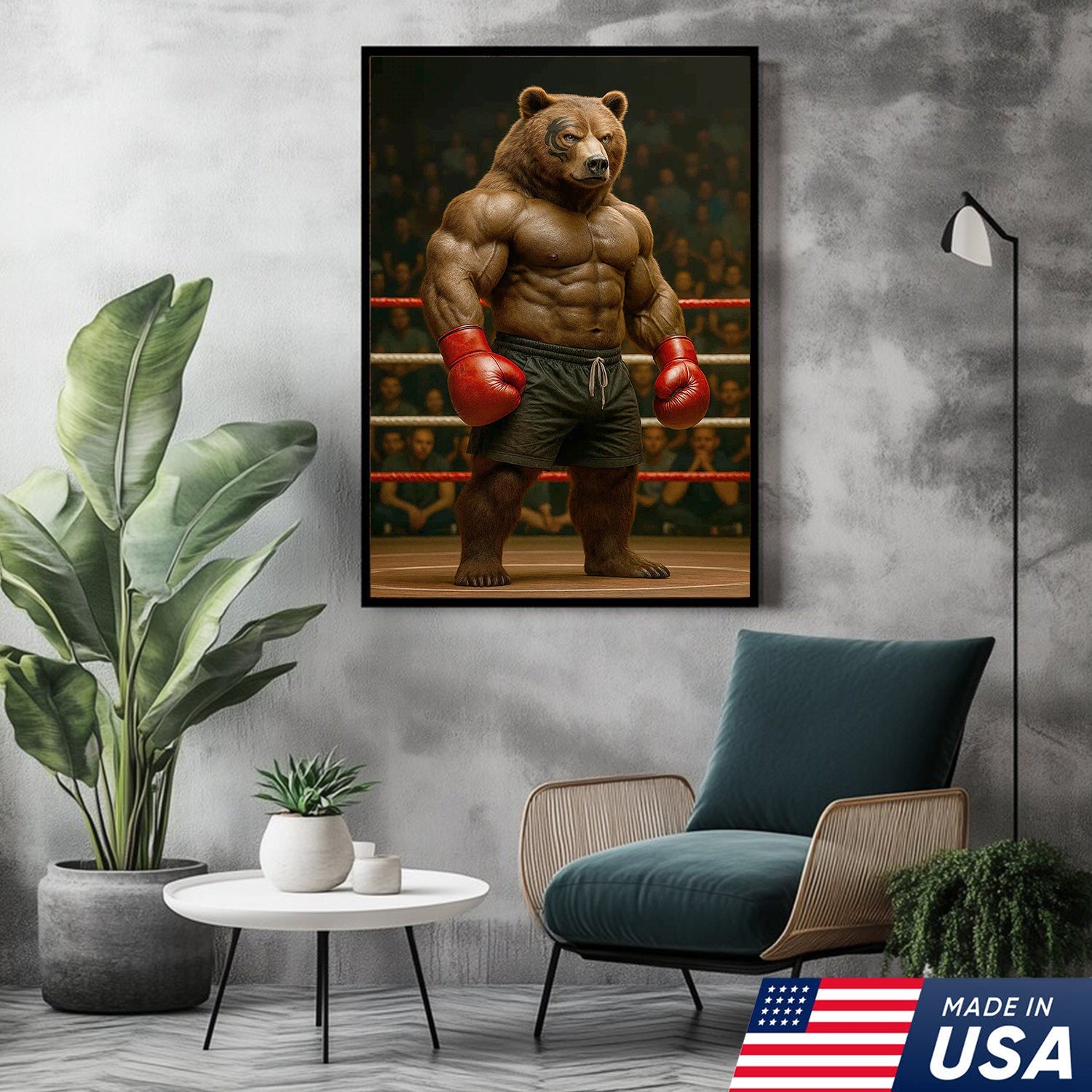 Boxing Bear Canvas Wall Art, Muscular Fighter in Red Gloves, Gym & Man Cave Decor
