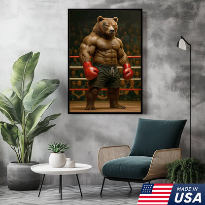 Boxing Bear Canvas Wall Art, Muscular Fighter in Red Gloves, Gym & Man Cave Decor
