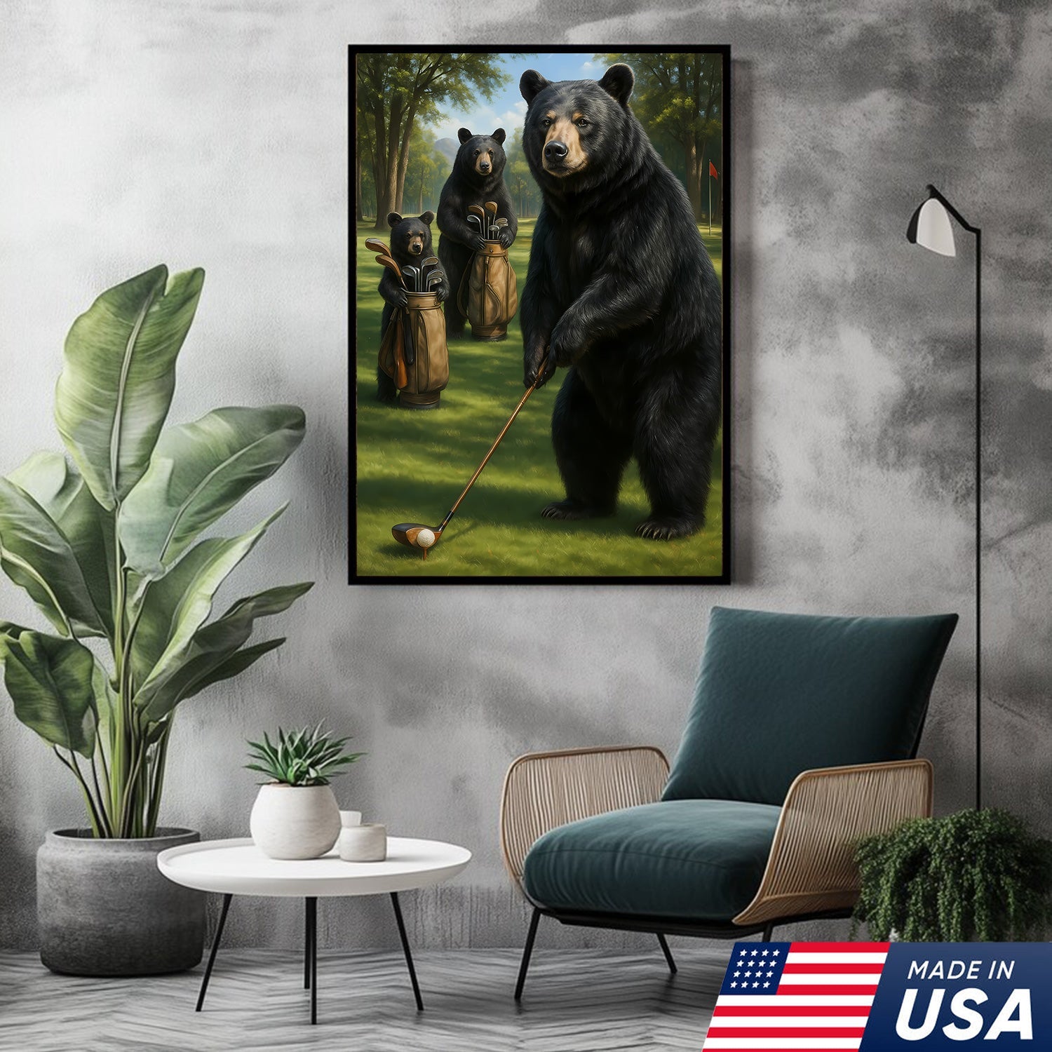 Funny Bear Golf Canvas – Rustic Cabin Wall Art Gift for Hunters, Golf Lovers & Man Caves
