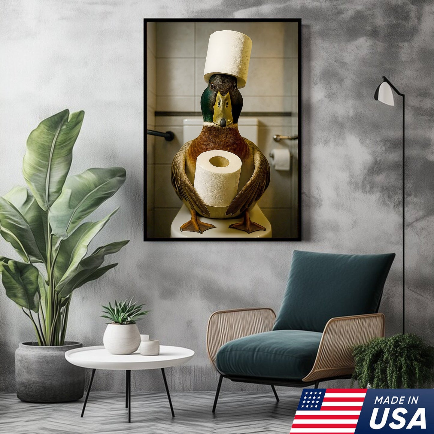 Funny Duck Bathroom Canvas Wall Art – Rustic Toilet Canvas for Cabin, Lodge & Man Cave Decor