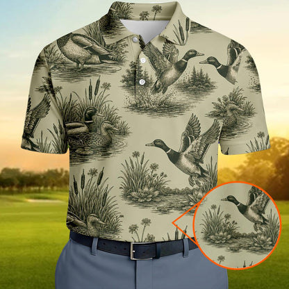 Mallard Duck Hunting Polo Shirt Vintage Sketch Pattern Gift For Men