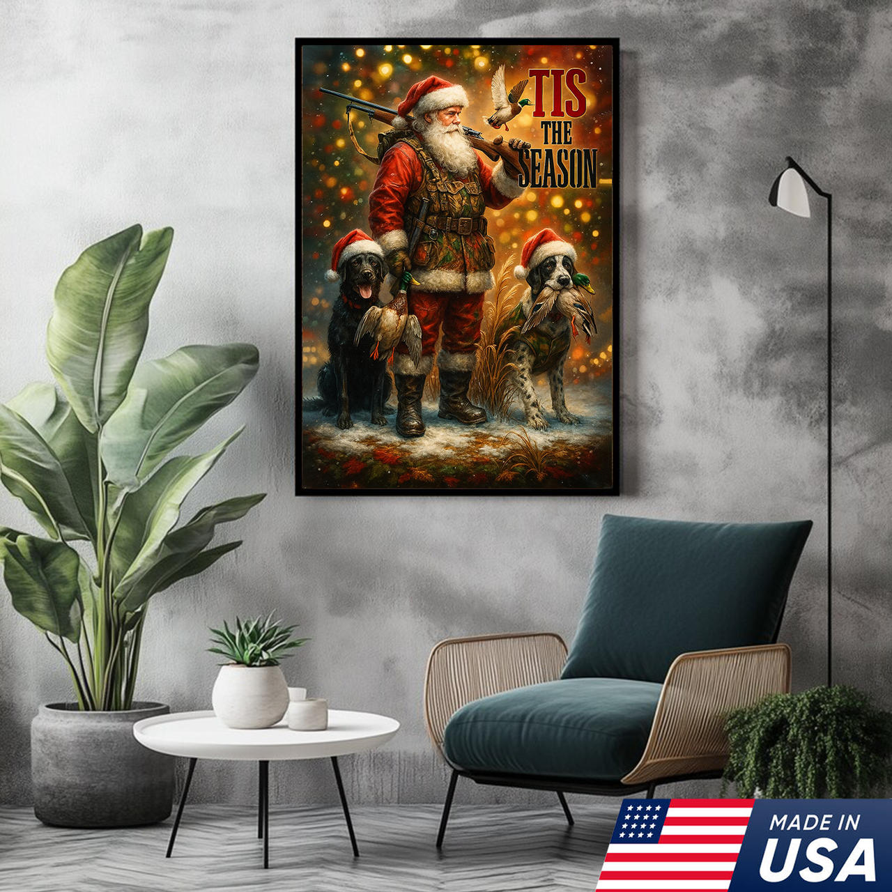 Rustic Christmas Hunting Canvas Art - Santa with Hunting Dogs and Ducks Holiday Wall Decor