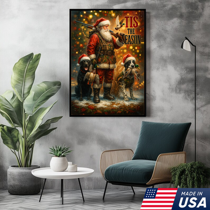 Rustic Christmas Hunting Canvas Art - Santa with Hunting Dogs and Ducks Holiday Wall Decor