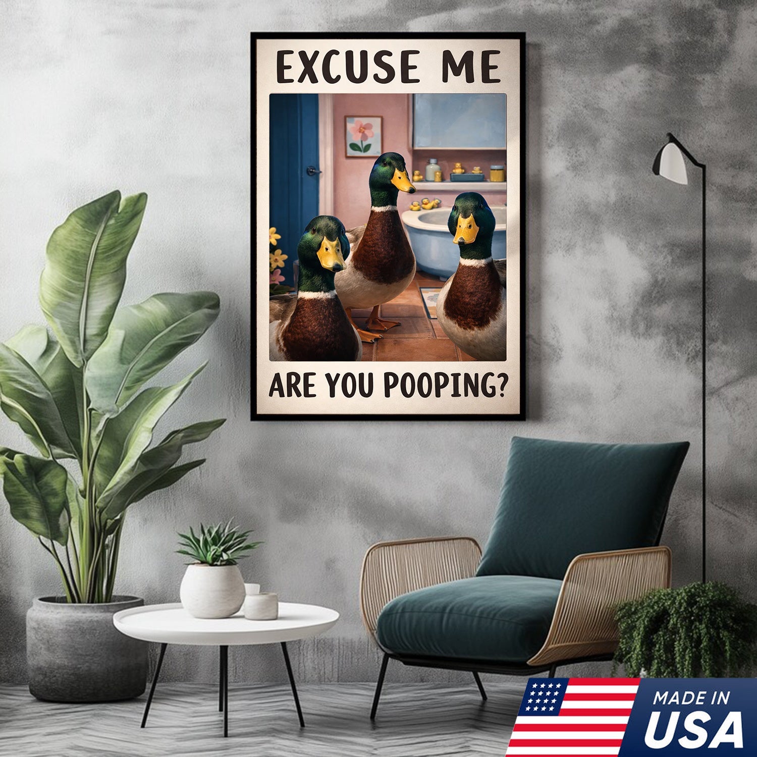Funny Duck Bathroom Canvas Wall Art, Excuse Me Are You Pooping Quote Print