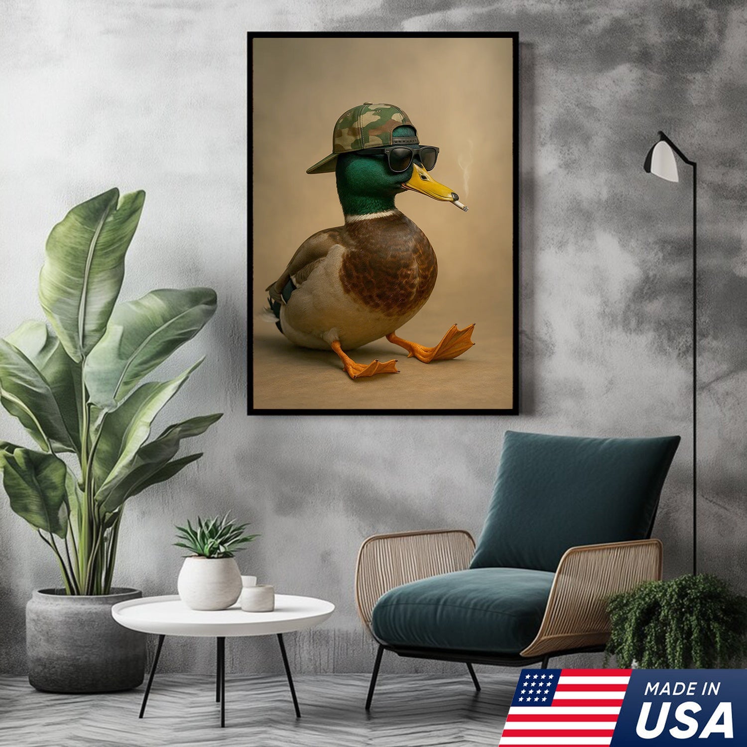 Cool Mallard Duck with Camo Hat Wall Art – Funny Hunting Canvas Print