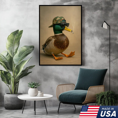 Cool Mallard Duck with Camo Hat Wall Art – Funny Hunting Canvas Print