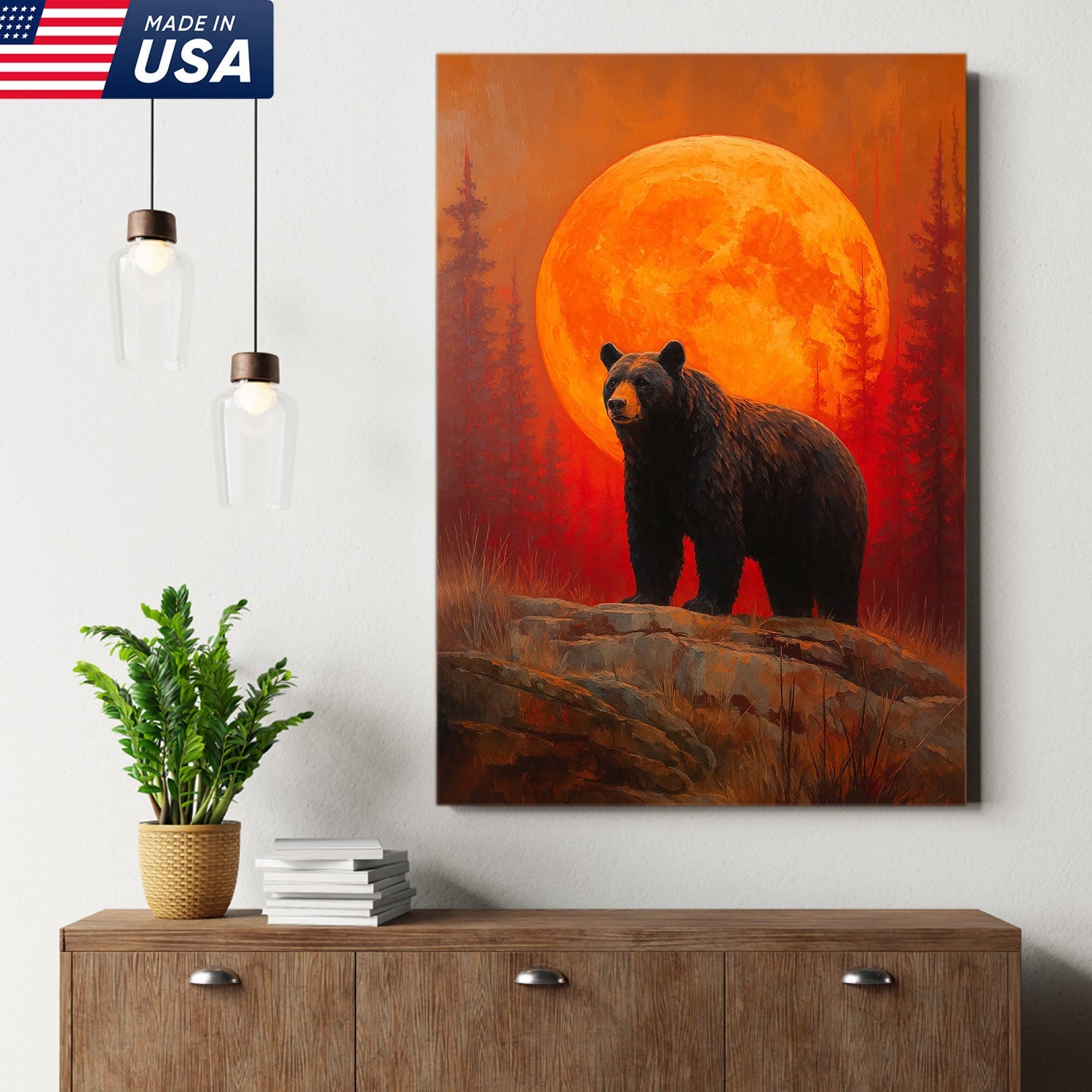 Bear Canvas Wall Art – Majestic Black Bear with Fiery Orange Full Moon
