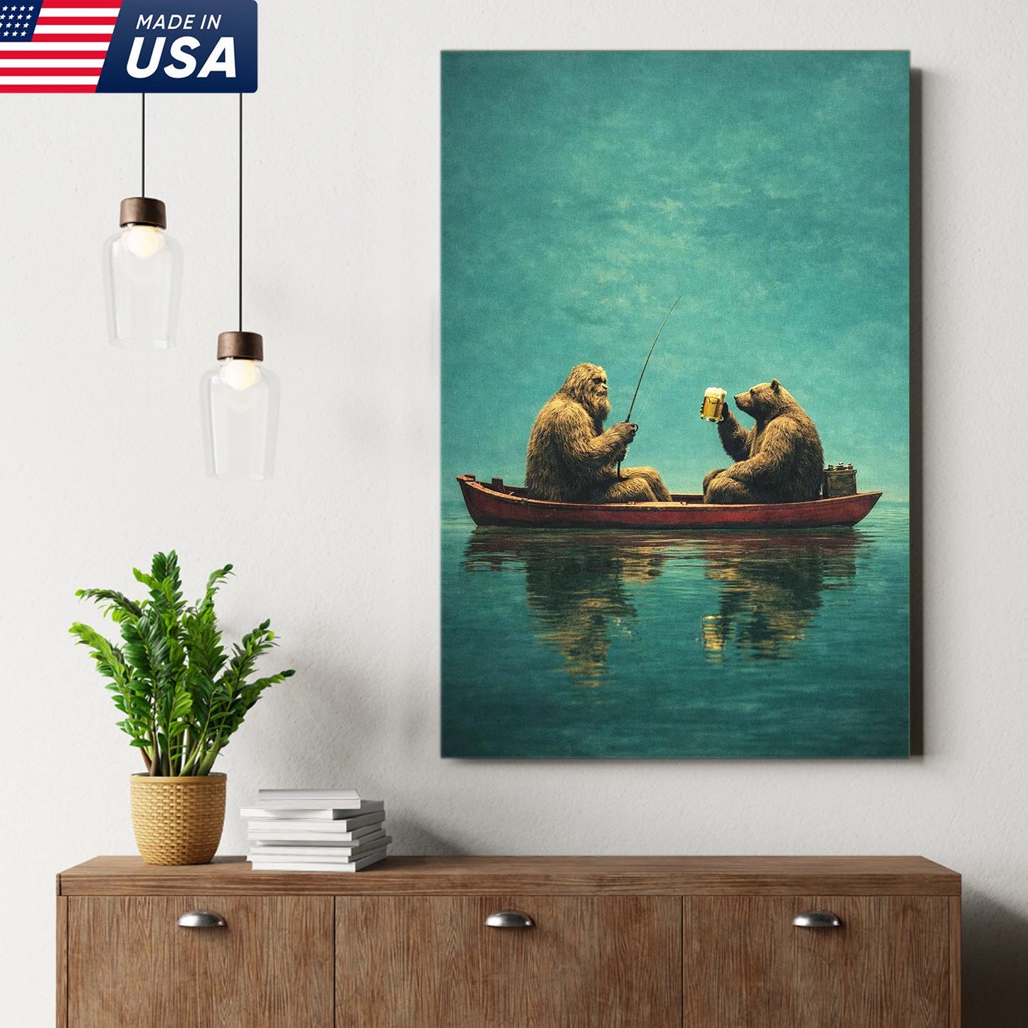 Whimsical Bear Fishing Canvas Wall Art, Surreal Animal Friendship Painting