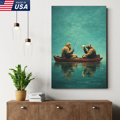 Whimsical Bear Fishing Canvas Wall Art, Surreal Animal Friendship Painting