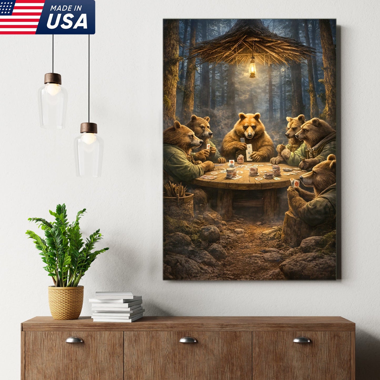 Funny Bear Poker Night Wall Art Canvas – Rustic Forest Animal Card Game Canvas Decor