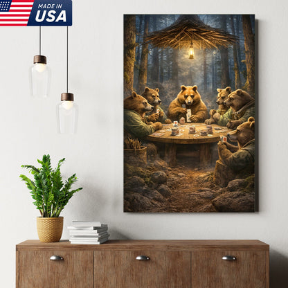 Funny Bear Poker Night Wall Art Canvas – Rustic Forest Animal Card Game Canvas Decor