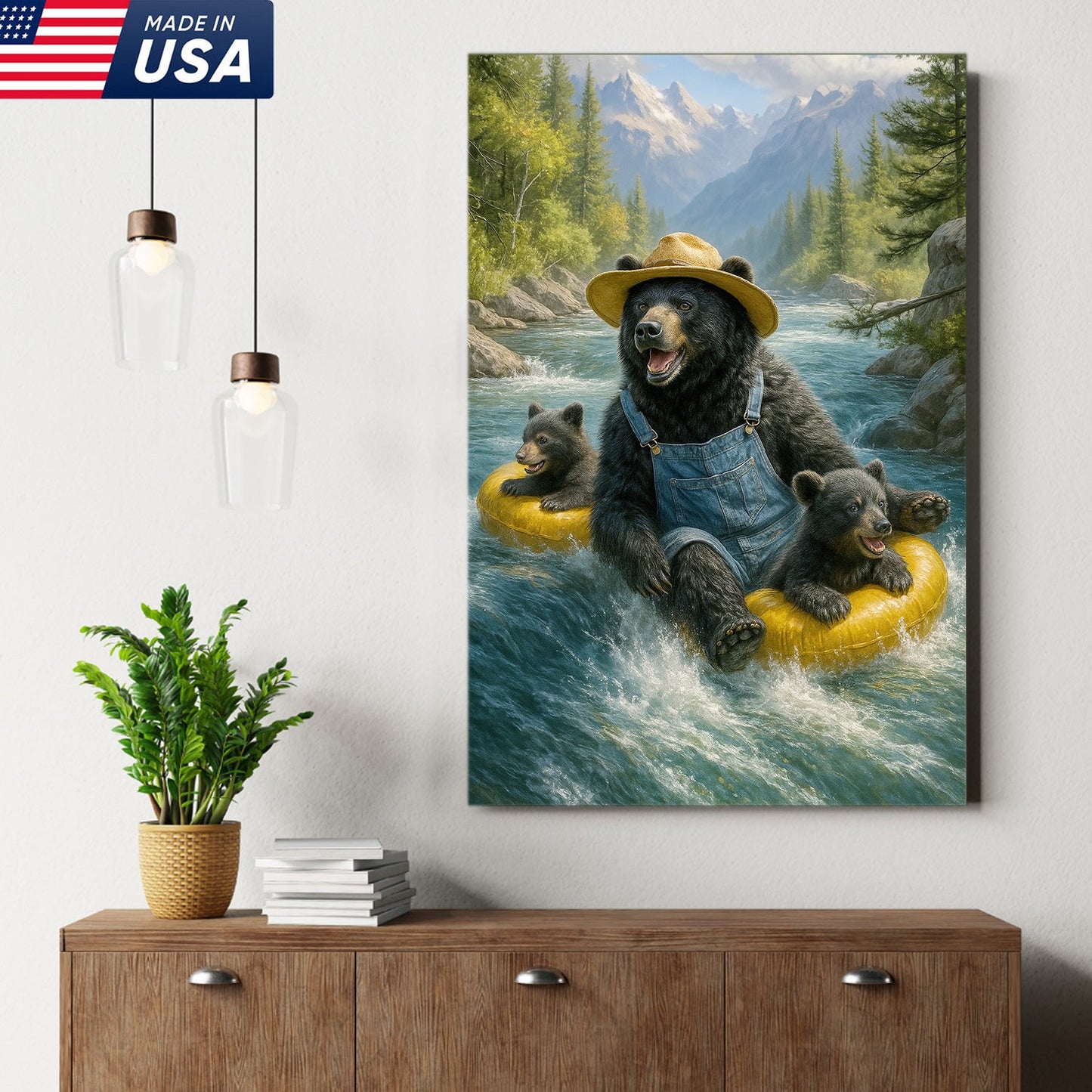 Bear River Adventure Canvas Wall Art – Cute Bear Family Wall Decor for Cabin & Nature Lovers