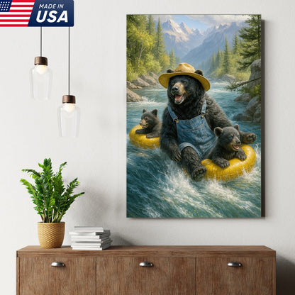 Bear River Adventure Canvas Wall Art – Cute Bear Family Wall Decor for Cabin & Nature Lovers