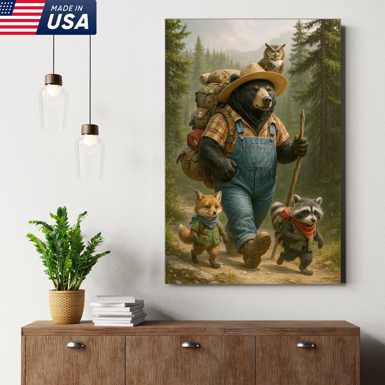 Bear Hiking Adventure Canvas Art – Cute Woodland Animal Wall Decor for Cabin & Home
