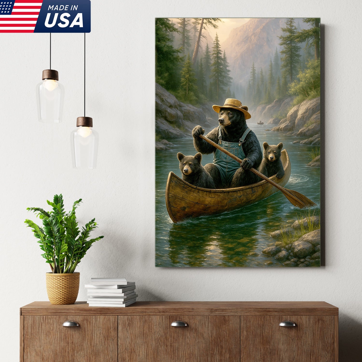 Bear Family Canoe Adventure Canvas Wall Art – Rustic Wildlife Wall Decor for Cabin & Home